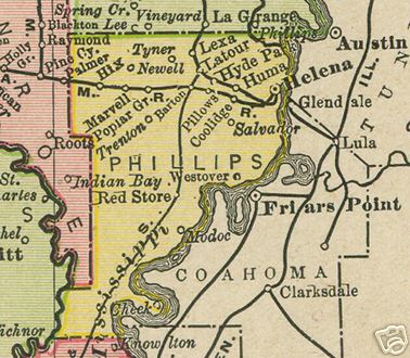 Early map of Phillips County, Arkansas including Helena, Marvell, Lexa, Huma, Modoc, Red Store, Salvador, Hix